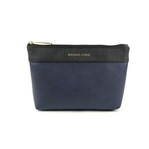Michael Kors Black Navy Leather Cosmetic Zipper Pouch Case